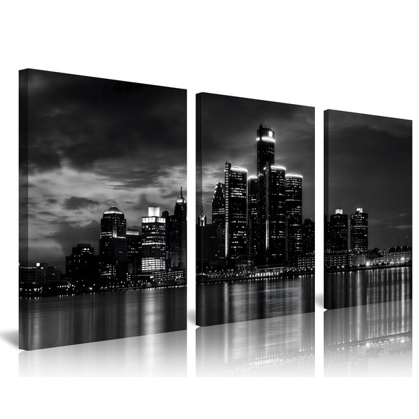 NAN Wind 3 Pcs Wall Art Beautiful Detroit Skyline Black & White Canvas Art Paintings For Room Decor Cityscape Skyscrapers Night Scene Picture Prints On Canvas For Home Decor Modern Giclee Framed