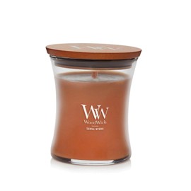 WoodWick Medium Hourglass Candle, Santal Myrrh - Premium Soy Blend Wax, Pluswick Innovation Wood Wick, Made in USA
