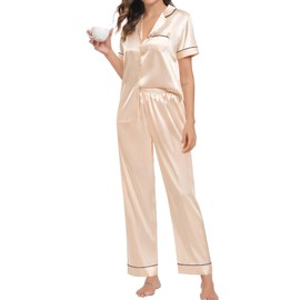 SWOMOG Womens Pajama Sets Silk Satin Sleepwear Short Sleeve and Long Pants Pjs Set Soft Loungewear Classic Pajamas Champagne