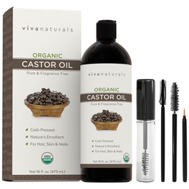Viva Naturals Certified Organic Castor Oil (16 oz) â€" 100% Pure and Hexane Free + BONUS Mascara Kit Included, Perfect for Hair Care, Eyelashes and Br