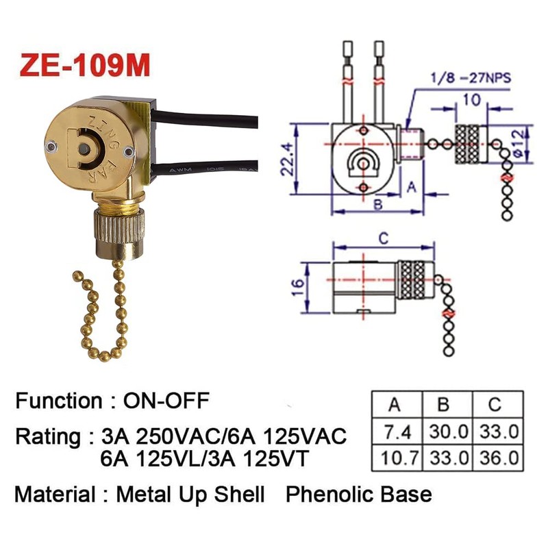 Akahttbn Ceiling Fan Switch Zing Ear ZE-109M Pull Chain Cord