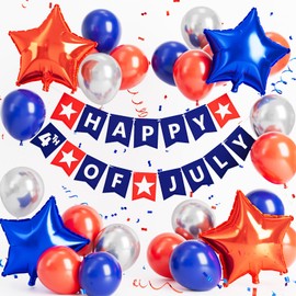 4th of July Decorations, Red Blue Patriotic Banner with 12 Inch Latex Balloons and 18 Inch Star Foil Balloons for Independence Day BBQ Backyard Party Supplies