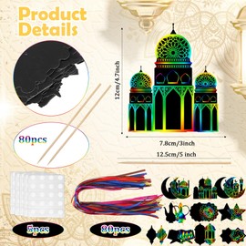 Frienda 80 Pieces Ramadan Scratch Paper Kit for Kids Eid Mubarak Paper Scratch off Card DIY Star Moon Lantern Hanging Ornament for Muslim Islam Eid Al Fitr Party Classroom School DIY Activity Supplies