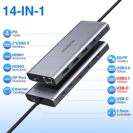 USB C Docking Station Dual Monitor, Laptop Docking Station USB C Hub to Displayport, 2 HDMI, 10Gb USB C, Ethernet, 4 USB, PD, SD/TF for Dell, Hp, Surface,MacBook Laptops
