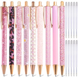 mumrap 9 Pcs Sparkly Pens for Women Fancy Pens with 10 Pcs Black Ink Refills Glitter Pretty pen sets for Ladies Office School Gifts(Pink)