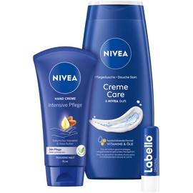 NIVEA Perfect Day Geschenkset, Pflegeset mit feuchtigkeitsspendenden Pflegeprodukten, Geschenkbox mit Hand Creme, Labello, Body Milk und Kulturtasche
