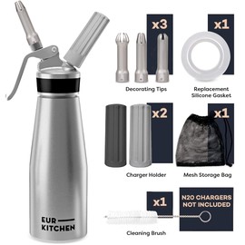 EurKitchen Professional Aluminum Whipped Cream Dispenser - Leak-Free Whip Cream Maker Canister with 3 Decorating Nozzles & Cleaning Brush - 1-Pint / 500 mL Cream Whipper - N2O Chargers (Not Included)