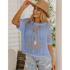 Zeagoo Women's Short Sleeve Crochet Sweater 2025 Lightweight Summer Tops Boho Cover Ups