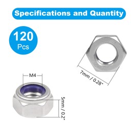 Yinpecly 120PCS M4 Locknuts M4x0.7mm Nylon Insert Hex Lock Nuts 304 Stainless Steel Metric Self-Locking Nylon Lock Nut for Industrial Construction Fasteners
