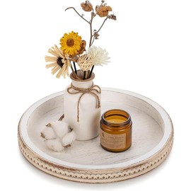Decorative Serving Tray Wood: White Washed Bead Round Tray Decor for Coffee Table Rustic Wooden Trays Farmhouse Centerpiece for Living Room Kitchen Counter Plates Tea - Color: brown
