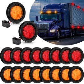 Woanger 16 Pcs 2'' LED Trailer Marker Lights 12v Flash Mount Round Trailer Lights 4 Diodes Waterproof Side Marker Light with Rubber Grommets Pigtails for Truck, Amber and Red