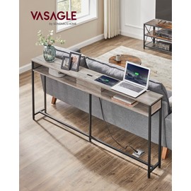 VASAGLE 70.9-Inch Console Table with Outlet and Shelves, Sofa Table with Charging Station, Behind Couch Table Skinny, Entryway Table for Hallway, Living Room, Heather Greige and Ink Black ULNT118B02