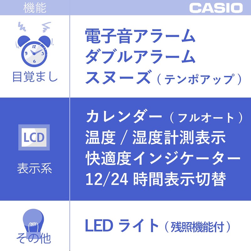 CASIO(カシオ) 目覚まし時計 電波 シルバー デジタル ダブルアラーム 温度 湿度 カレンダー 表示
