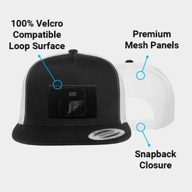 Sombrero táctico | Auténtica gorra plana de camionero Snapback | Superficie de bucle de 2 x 3 para fijar parches de gancho moral, (negro y blanco)
