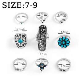 ELABEST Size7-9 Western Ring Set Silver Turquoise Cactus Arrow Flower Carved Retro Stackable Joint Knuckle Finger Rings Sets for Women(9 Pcs)