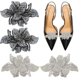 Capiant 2 Pair Rhinestone Flower Shoe Clips, Crystal Floral Embellishments for Women's Heels, Black and Silver, 3.58x2.2 Inch