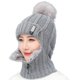 WANYIG 2 in 1 Winter Knitted Hat Scarf Hat Set Winter Hat Beanie Women's Warm Loop Knitted Scarf Windproof Cap with Fleece Lining 55-60 cm, gray