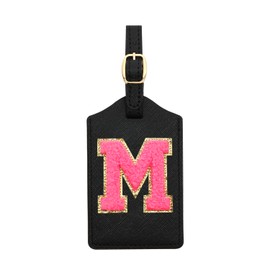 Initial Luggage Tag, PU Leather Luggage Tag, Embroidered Luggage Tag, Letter Luggage Tag, Monogrammed Luggage Tag, Luggage Tag for Baggage Bag Suitcase (M, Black Leather+Rose Red Letter)