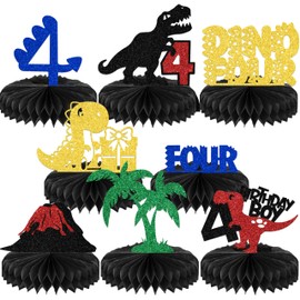 8PCS Dino Four Birthday Honeycomb Centerpieces Cheers to 4 Years Birthday Party Decorations Dinosaur Themed 4th Birthday Party Decorations Baby Shower Decor Sign for Boy/Girls