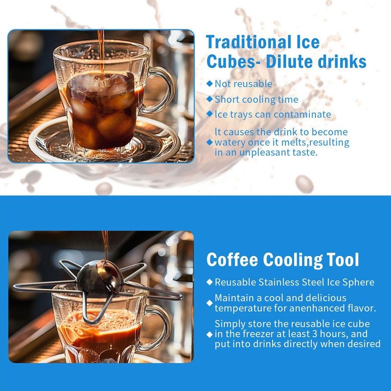 Coffee Cooling Tool with Reusable Metal Ice Sphere Stainless Steel