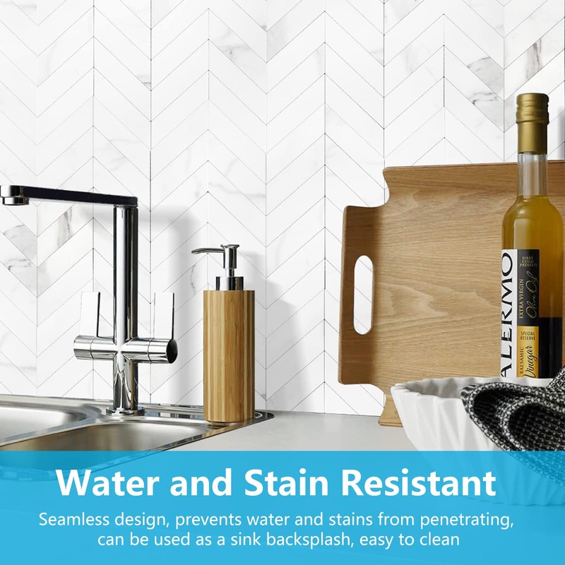 STICKGOO 10-Sheet Herringbone Tile Peel and Stick Backsplash, White Marble
