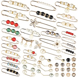 50pcs Pearl Brooch Pins,Pant Waist Tightener Safety Pin for Clothes Double Faux Pearl Brooches for Women Fashion Cover Up Buttons Clothing Dresses Decoration Accessories Pant Waist Tightener Pins