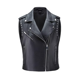 WYOYW Women Faux Leather Vest Rivet Moto Biker Vest Pu Leather Motorcycle Waistcoat Black L