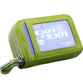 AprinCtempsD RFID Blocking Womens Credit Card Holder Genuine Leather Mens Small Doulbe Zipper Wallet Ladies Mini Coin Pocket Purse Zip with Transparent Window (Green)