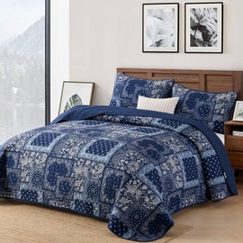 Cottolester Blue Patchwork Quilt Set King Size,Boho Navy Blue Quilt Set,Farmhouse Paisley Bedspread Soft Microfiber Bedding Set for All Season 110"x90"