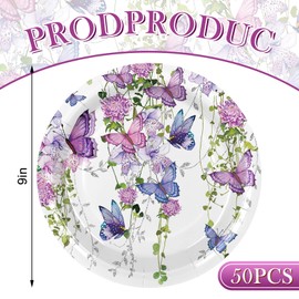 Purple Floral Paper Plates 9 Inch Watercolor Flower Butterfly Disposable Plates Spring Flower Dinner Plates for Wedding Birthday Party Table Decor, 50Pcs