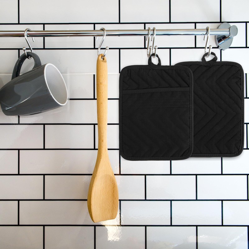 Sibba Black Pot Holders with Pocket, 2 Pcs Cotton Heat