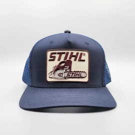 Vintage Truckers Stihl Hat, Retro Embroidered Stihl Chainsaw Logo Patch on Navy Snapback Trucker