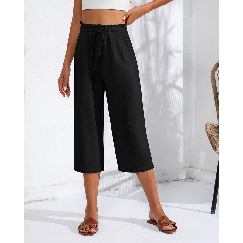 Neer 2 Pcs Women's Linen Wide Leg Capri Pants Beach