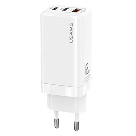 USAMS 65W PD+QC Charging Adapter with 2 x Type-C + Type-A Output, Digital Display, Quick Charge Support - European Plug - Compatible with All Type-C Devices