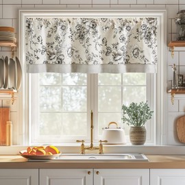 jinchan Linen Valance Curtain Farmhouse Black Floral Small Window Curtain Double Layer Blackout Fall Valance for Kitchen Rustic Biege Valance for Living Room Bedroom 16 Inch Rod Pocket One Panel