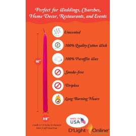 D'light Online Premium Quality Elegant 10" Berry Hot Pink - Fuchsia Taper Candles, Unscented, Hand-Dipped Tapered, Dripless and Smokeless - Set of 12 Individually Wrapped (10 Inch, Berry)