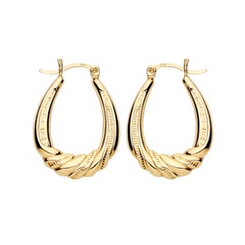 9ct Yellow Gold on Silver Oval Patterned Creole Hoop Earrings