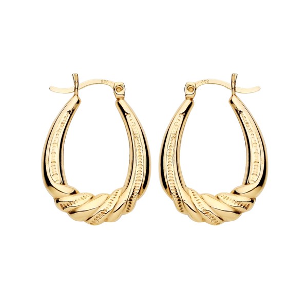 9ct Yellow Gold on Silver Oval Patterned Creole Hoop Earrings
