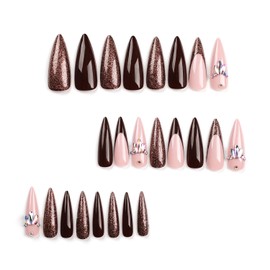 Vezocim Press on Almond Nails-24Pcs Glossy Full Cover Acrylic Brown Glitter Fake Nails with Rhinestone Designs Artificial Medium False Nails Fake Nails Glue Stick on Fingernails for Women Girls
