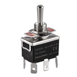 Heschen Metal Toggle Switch, C523A, DPDT, Maintained, ON/Off/ON 3 Position, 15A 250VAC, 6 tab Terminal, CE