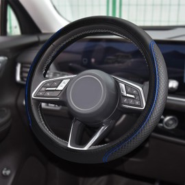 Car Steering Wheel Cover, Universal 14.5-15 Inch Black Leather Steering Wheel Wrap with Better Sport Grip for Men Women, Anti-Slip Breathable Car Interior Accessories for Most Cars (Black with Blue)