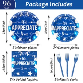 96pcs Blue Silver We Appreciate You Plates and Napkins set for Thankful Party Decorations Thank You Dinnerware Tableware Set for 24 Guests Employee Teacher Doctor Graduate Appreciation Party Supplies