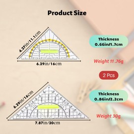 Set Square with Handle, Small and Large Drawing Triangle Made of Transparent Plastic, Flexible Set Square for Technical Drawing, Math and Art, Facet, Vertical Edge, Set of 2