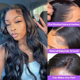ELEE'S HAIR 33 x 10 cm Lace Front Wigs Body Wave Human Hair Wig, Natural Wave Real Hair Wig for Women, Black Wigs, 100% Brazilian Human Hair with Baby Hair, 180% Density, 28 Inches / 71 cm