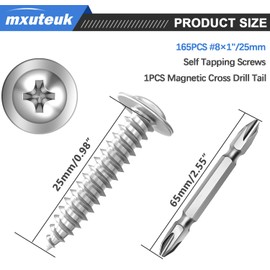mxuteuk #8×1" Wood Screws,Phillips Modified Truss Head Wood Screws,Stainless Steel Wood Screws,Quick Metal Self Tapping Screws (165PCS)