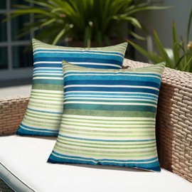 CASAJOY Pack of 2 18x18 Outdoor Pillows, Waterproof Throw Pillows with Inserts, Decorative Patio Pillows for Garden, Couch, Furniture, Sofa, Bed, Living Room(Stripe Blue Green)