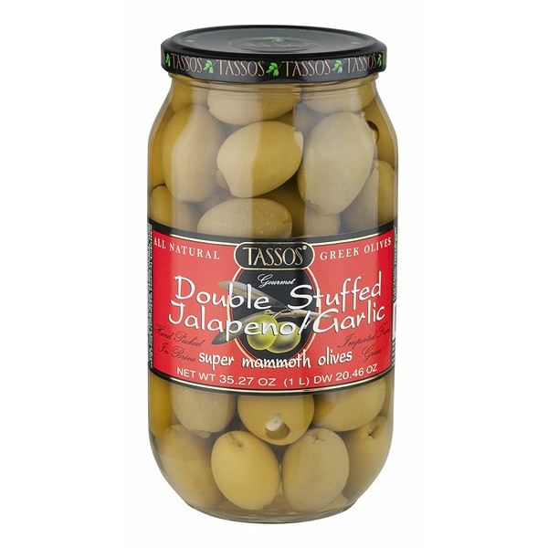Tassos Double Stuffed Jalapeno and Garlic Olives, 1 Liter (pack of 2)