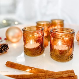 Kate Aspen Vintage Amber Glass Tea Light Candle Holders Set of 4 - Votive Holders for Home Decor, Fall Table Decorations, Bathroom Candles, Kitchen Shelf Decor, and Wedding Centerpieces