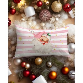 Christmas Pink Santa Claus Stripes Throw Lumbar Pillow Cover - 12x20 Inch Pink Christmas Decorative Throw Cushion Case for Sofa Couch