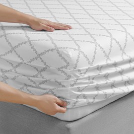 Martha Stewart Vine Trellis 300TC 100% Cotton Percale Sheet Set, Gray/White, 3 Piece - 1 Flat Sheet, 1 Fitted Sheet, 1 Std Pillowcase, Breathable Cotton Printed Bed Sheets, Twin Size